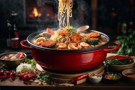 Premium Photo Noodles Spicy Boil With Seafood Shrimp Vegetable Food And Pork In Hot Pot