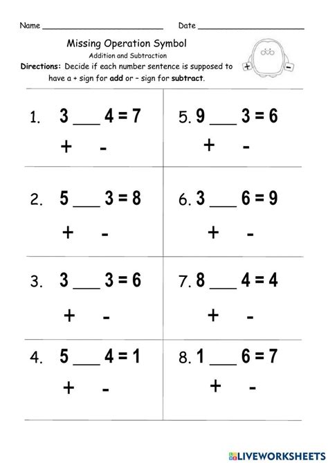 Add Or Subtract Missing Symbols Worksheet Live Worksheets