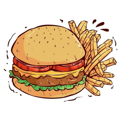 Dibujo A Mano Sabrosa Hamburguesa Con Queso Con Papas Fritas