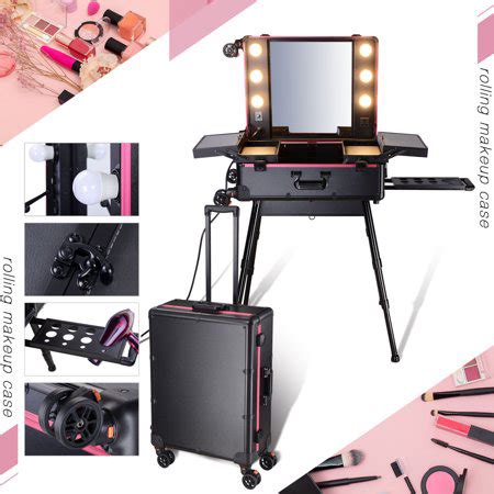 AW 6 LEDs Rolling Makeup Case On 4 360 Removable Wheels Travel Studio