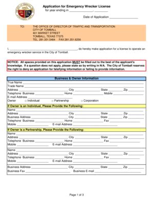 Fillable Online Ci Tomball Tx Application For Emergency Wrecker License