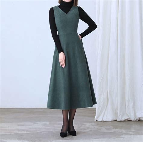 Green Corduroy Dress Womens Sleeveless Corduroy Dress Long Dress A