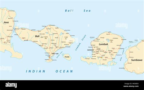 Vector road map of Indonesian Lesser Sunda Islands Bali and Lombok ...