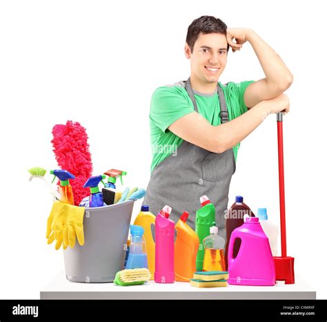 Young Male Cleaner With Cleaning Equipment Stock Photo Alamy