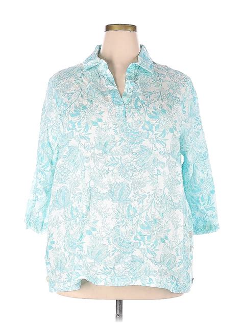 Sigrid Olsen 100 Linen Tropical Teal Long Sleeve Blouse Size 2X Plus