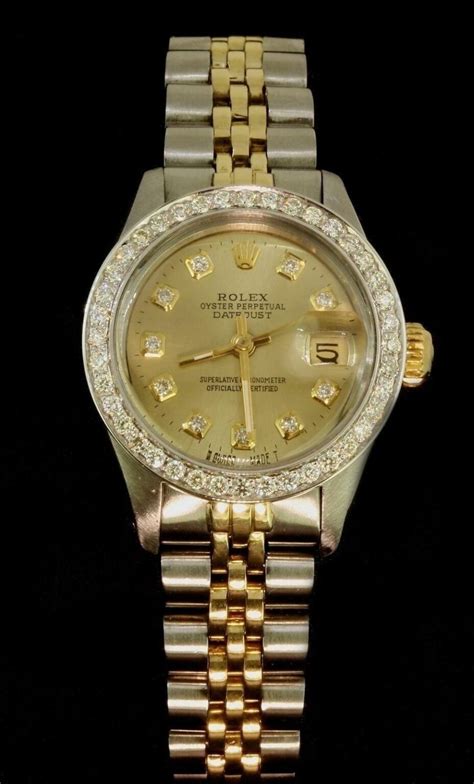 Rolex Lady Datejust Oyster Stainless Gold Diamond Dial Bezel Watch