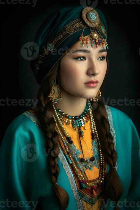 Beautiful Kazakh Asian Woman Portrait In National Costume Woman With