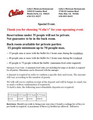 Fillable Online Thank You For Choosing Celia S For Your Upcoming Event