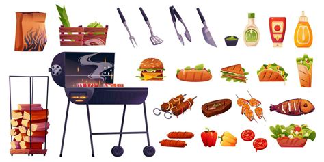 Cartoon Bbq Grill Set For Picnic With Meat Fish Vector Art At