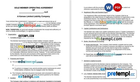 Kansas Single Member LLC Operating Agreement Word Example Fully