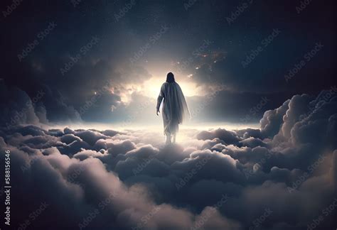 Jesus walking on clouds. Ascension Above. Stock Illustration | Adobe Stock