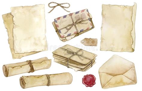 Set Of Watercolor Illustrations With Vintage Envelopes Letters Wax