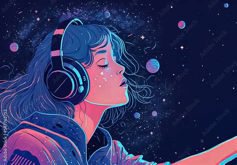 Beautiful Anime Girl Floating In Space With Stars Listening To Lofi Hip Hop Music With