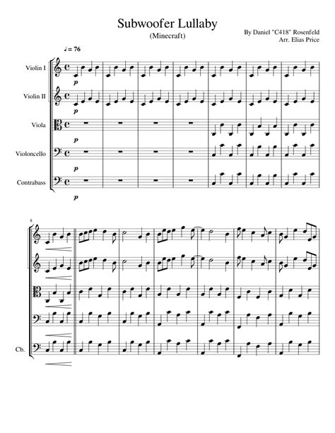 Subwoofer Lullaby Score Sheet Music For Contrabass Violin Viola Cello String Quintet