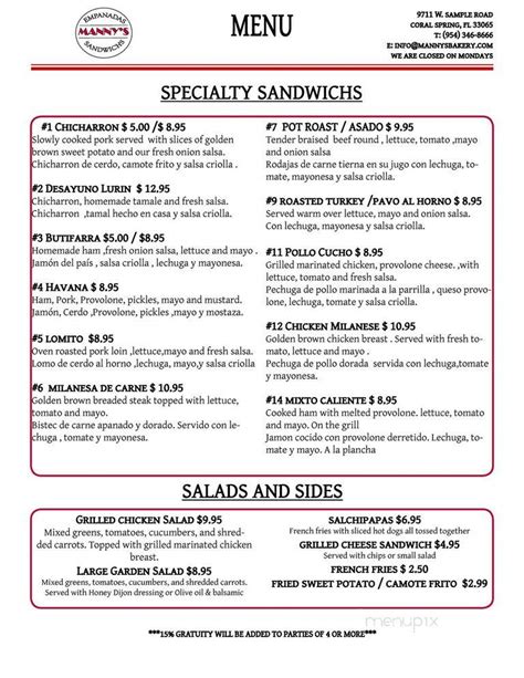 Menu Of Mannys Cafe And Bakery In Coral Springs Fl 33065