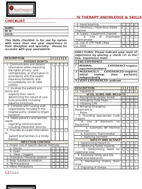 Iv Therapy Skills Checklist Pdf Intravenous Therapy Infection Control