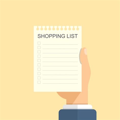 Lista de compras em ícone de mão em estilo plano páginas de memorando