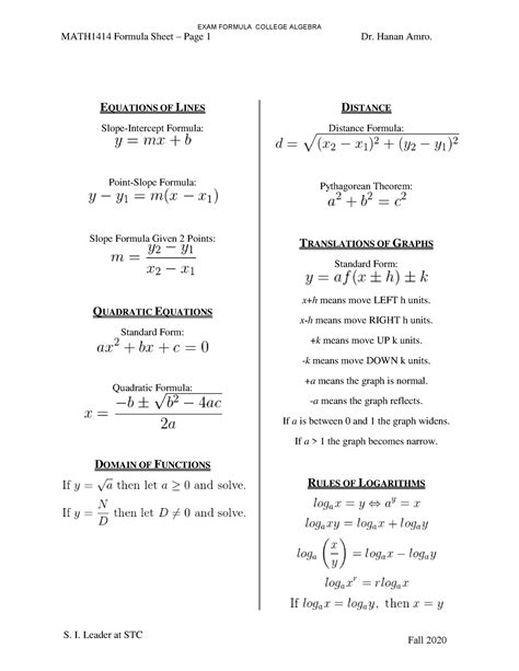 Math1414 Formula Sheet Fall 2020 A Exam Formula College Algebra Y