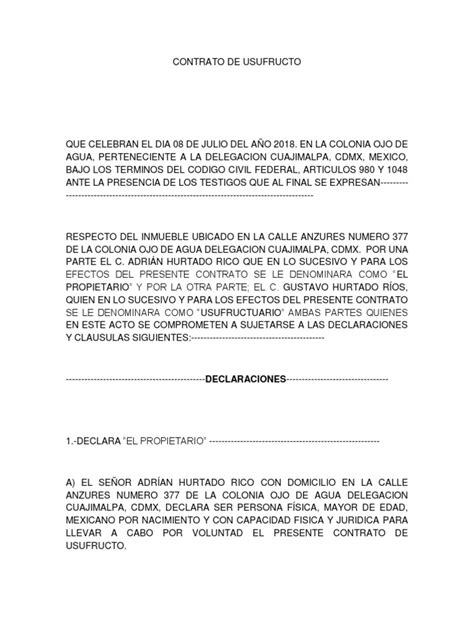 Contrato De Usufructo Propiedad Ciudad De México