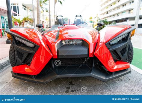 Miami Beach Florida USA April 15 2021 Red Polaris Slingshot Sl