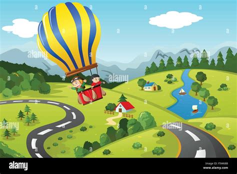 A vector illustration of cute kids riding a hot air balloon Stock ...