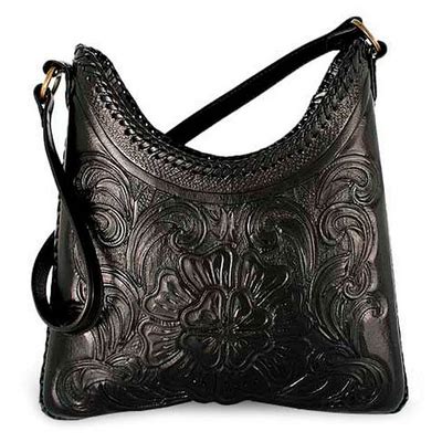 Hand Tooled Leather Shoulder Bag Nocturnal Flower Novica