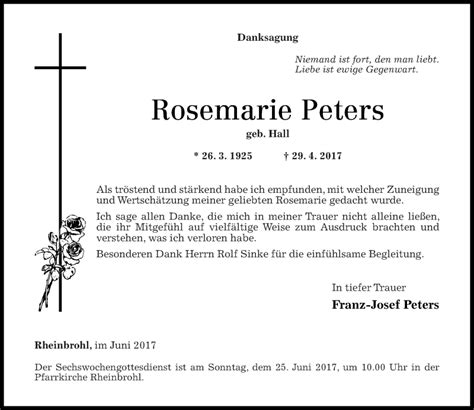 Traueranzeigen Von Rosemarie Peters Rz Trauer De