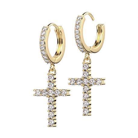 Paire Boucles D Oreille Anneaux Plaqu Or Croix Strass