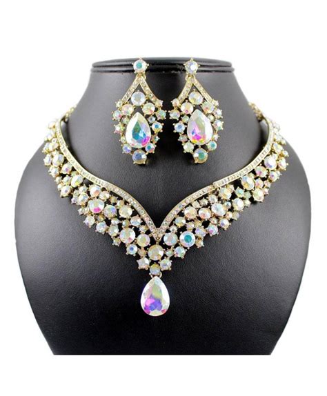 Elegant Ab Austrian Rhinestone Crystal Bib Necklace Earrings Set N1623g