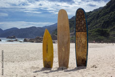 Fotografia Do Stock Surfboards Standing Upright In Bright Sun On The