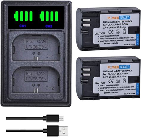 PowerTrust 2Pcs 2650mAh LP E6 LP E6N Battery LP E6 Battery Charger