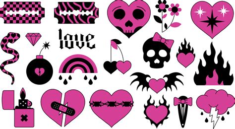 Vector Set Of Elements In N2d Style Kawaii Emo Illustration Black And