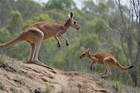 Premium AI Image | Kangaroo mother and baby jumping over hillside ...