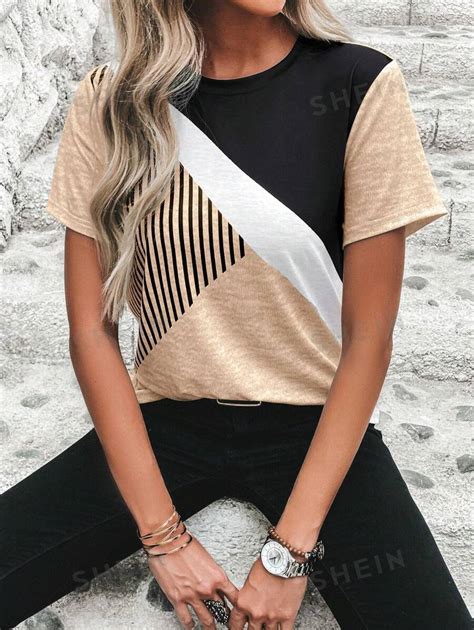 Shein Lune Striped Print Colorblock Tee Shein Usa