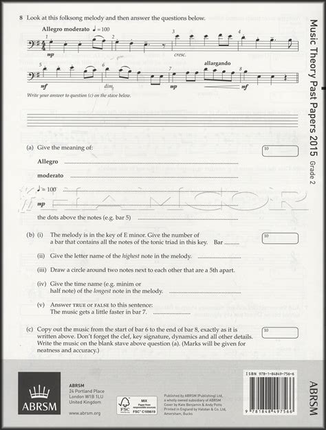 Abrsm Music Theory Past Papers 2015 Grade 2 Sheet Music Book Exam