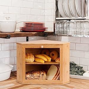 HOMEKOKO Double Layers Bamboo Corner Bread Box For Kitchen Counter