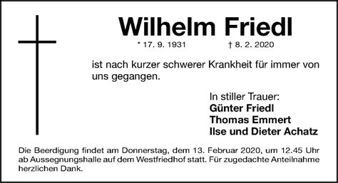 Traueranzeigen Von Wilhelm Friedl Trauer Nn De