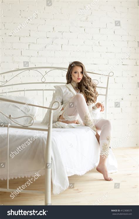 Sexy Woman Beautiful White Lingerie Sitting Stock Photo