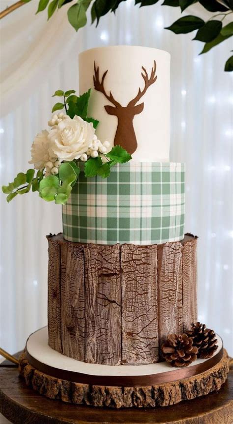 Woodland Inspired Wedding Cake Ideas Wood Bark Tartan Cake