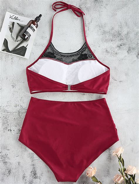 Off Maillot De Bain Bikini Panneau En Dentelle Col Halter En Rouge Vineux
