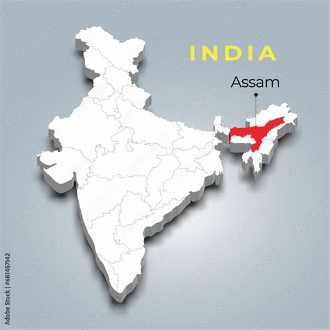 Assam state map location in Indian 3d isometric map. Assam map vector ...