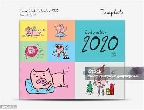 Sampul Meja Kalender 2020 Template Dengan Ilustrasi Vektor Babi Lucu