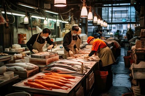 AI generated Unidentified Japanese people selling fresh fish at the