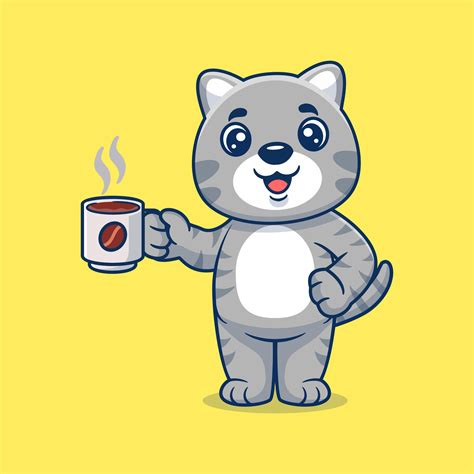 Cute cat drinking coffee cartoon icon illustration. Animal drink icon ...