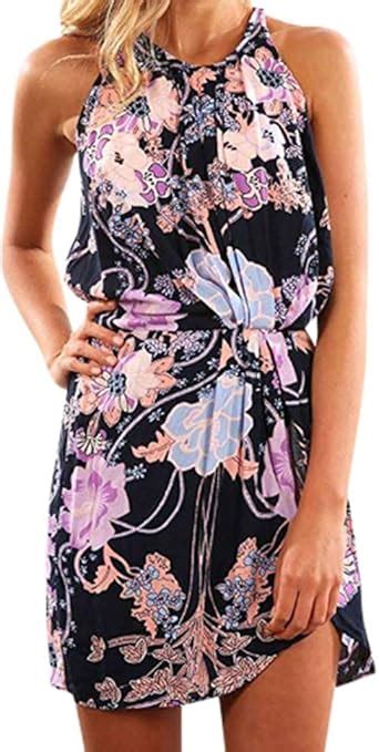 Damen Neckholder Kurz Kleid Sommer Frauen Sexy Blumen Sling Split