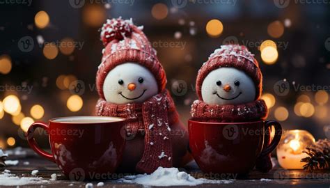 AI Generated Cozy Winter Celebration Hot Chocolate Snowman Smiling Rustic Decoration
