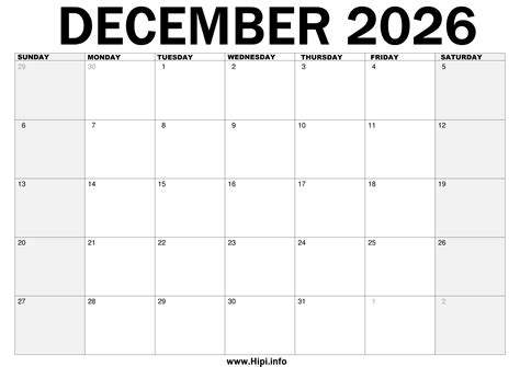 December 2026 Printable Calendar - Hipi.info