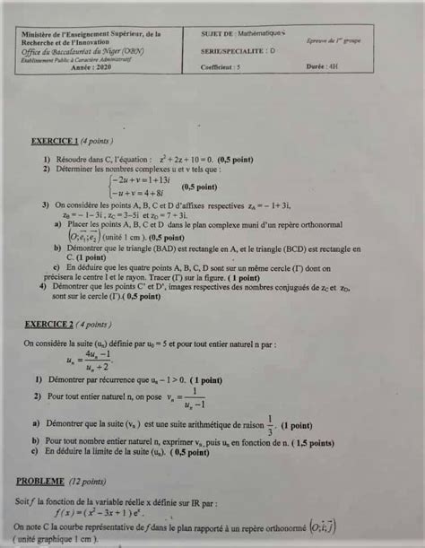 Sujet Bac Niger Mathematiques Serie D Er Groupe