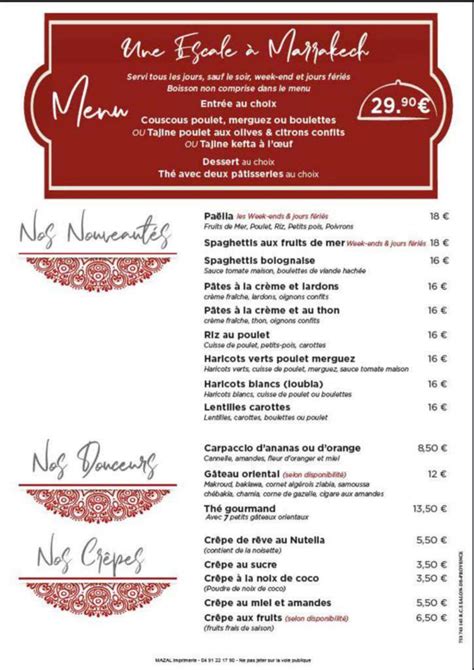 Carte Et Menus Une Escale Marrakech Miramas Thefork