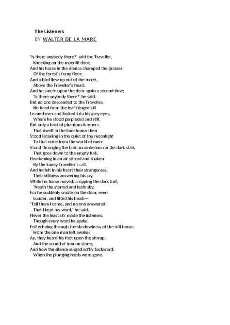 The Listeners (poem) - poetry - The Listeners BY WALTER DE LA MARE ‘Is
